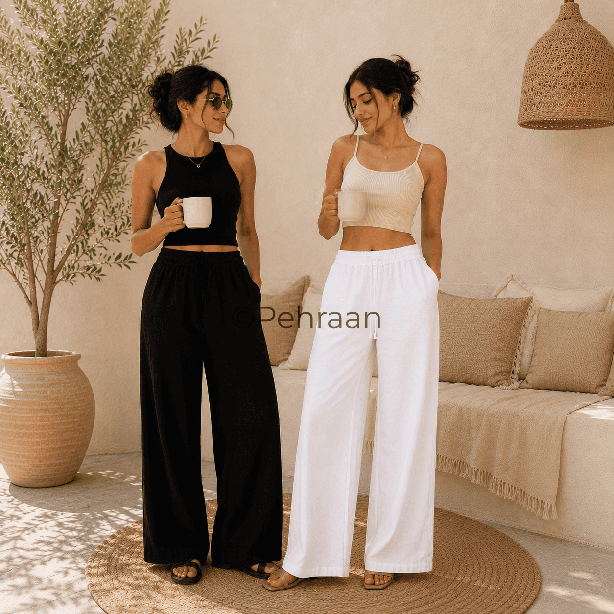 Pehraan Linen look Free style Pants - Set of 2 ( White & Black ) - Pehraan