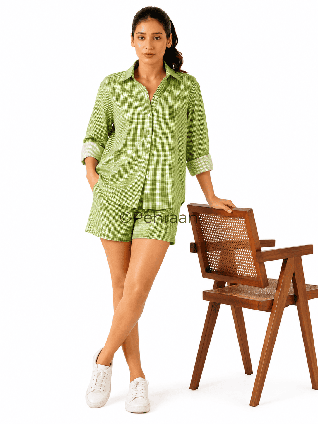 Pehraan's Rain-Walk Cotton Comfortable Shorts Co-ord Set - Green