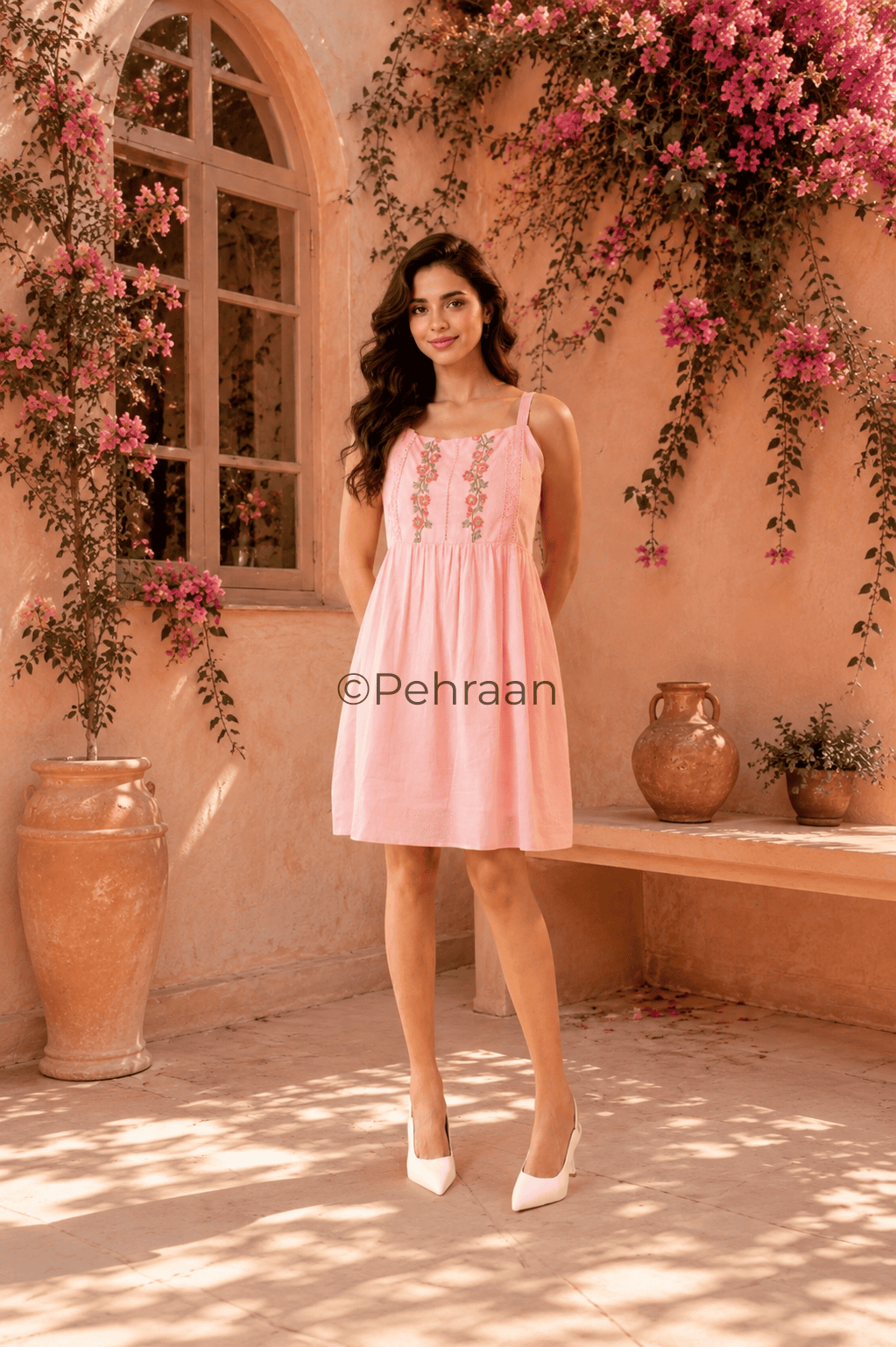 Pehraan's Pink Rose Embroidered Cotton One Piece - Pehraan