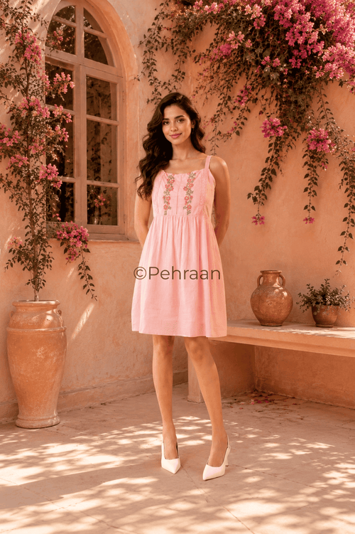 Pehraan's Pink Rose Embroidered Cotton One Piece - Pehraan