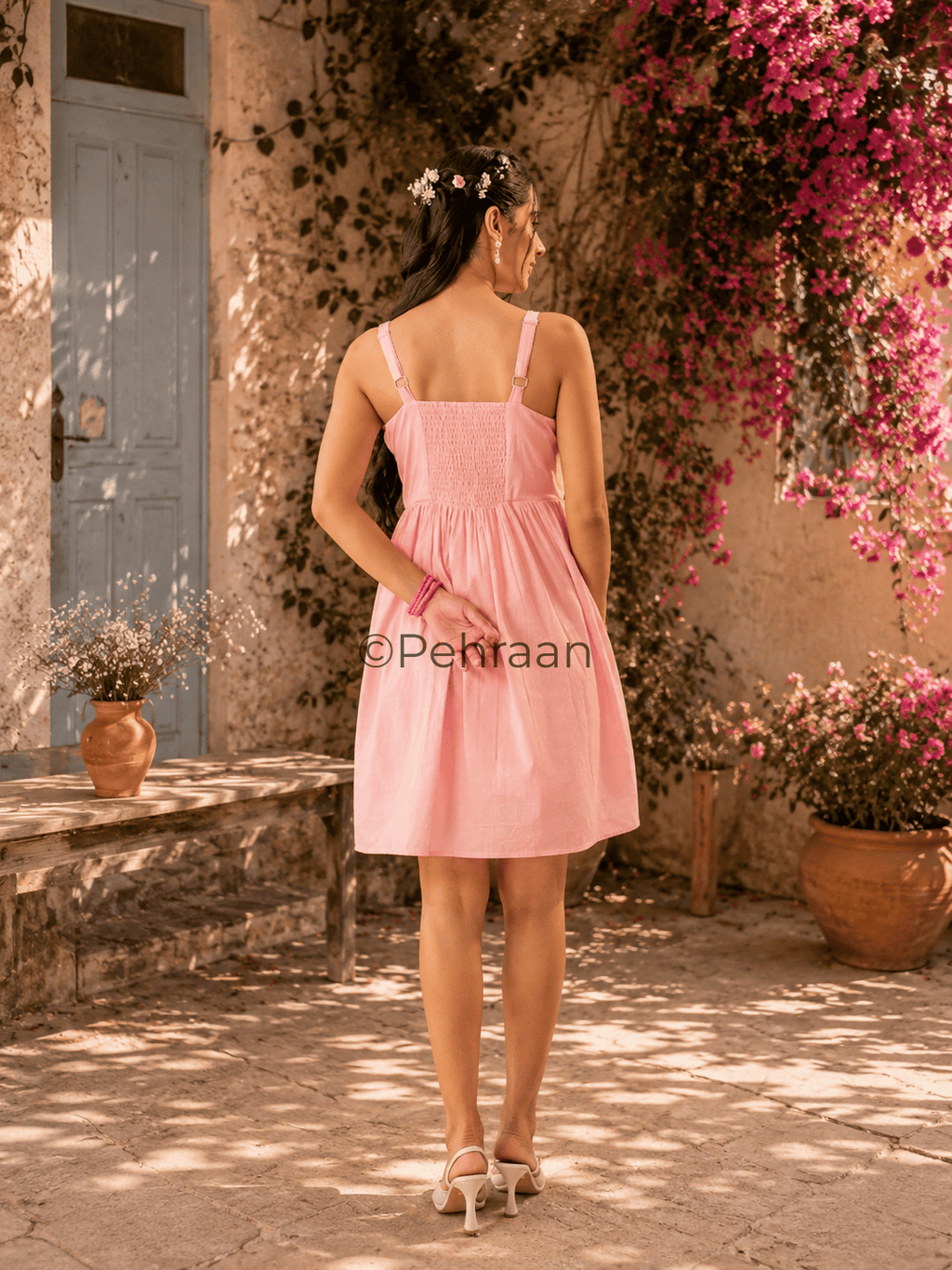 Pehraan's Pink Rose Embroidered Cotton One Piece - Pehraan