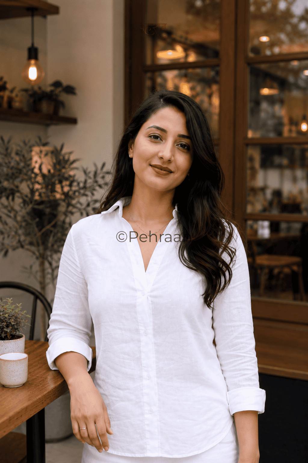 Pehraan Pure White/Black Full Sleeves Pure Cotton Relaxed Shirt